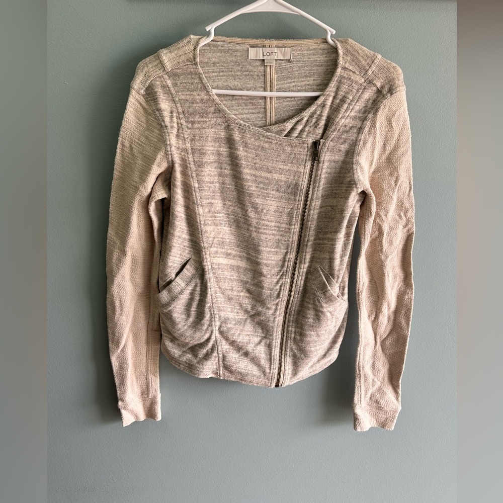 ANN TAYLOR Moto Jacket, Beige Tan Cotton Long Sleeve Assymetrical Pockets, XS